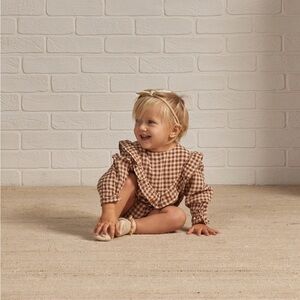 Rylee + Cru Brown Gingham Winnie Ruffle  Romper